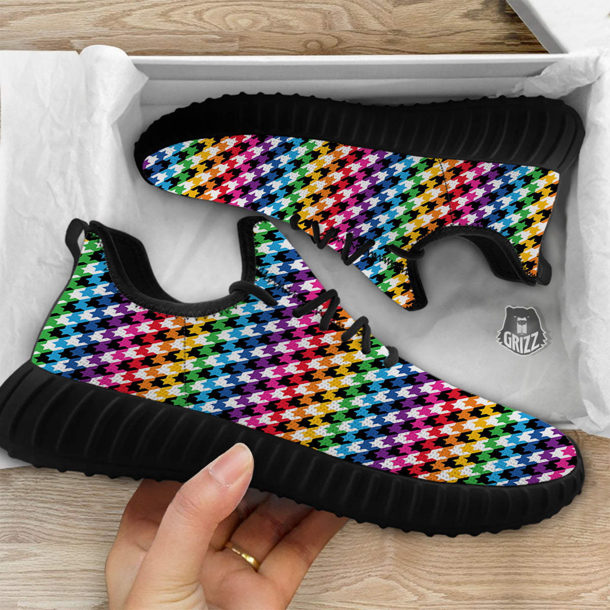 Houndstooth Rainbow Pride Print Pattern Black Walking Shoes-grizzshop
