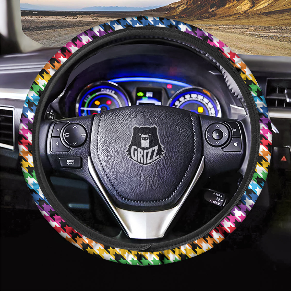 Houndstooth Rainbow Pride Print Pattern Car Steering Wheel Cover-grizzshop