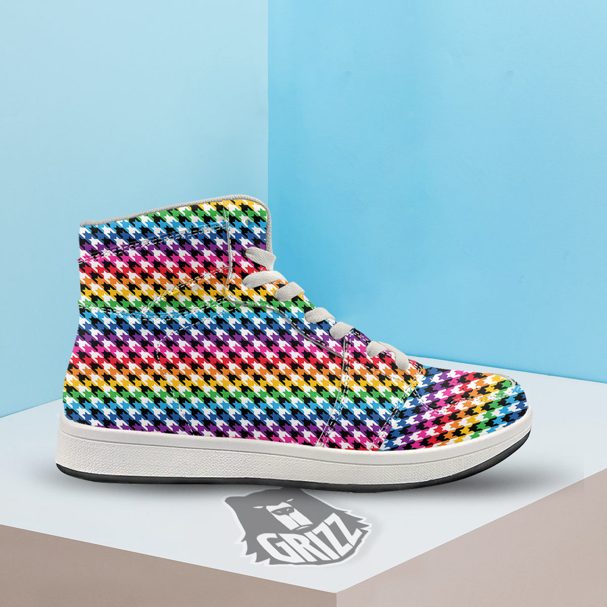 Houndstooth Rainbow Pride Print Pattern High Top Sneakers-grizzshop