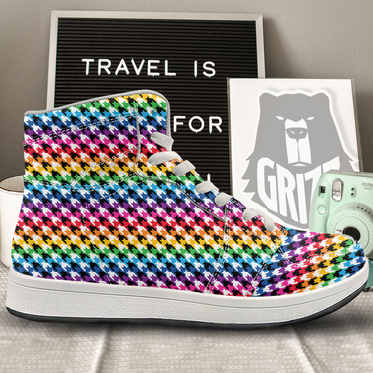 Houndstooth Rainbow Pride Print Pattern High Top Sneakers-grizzshop