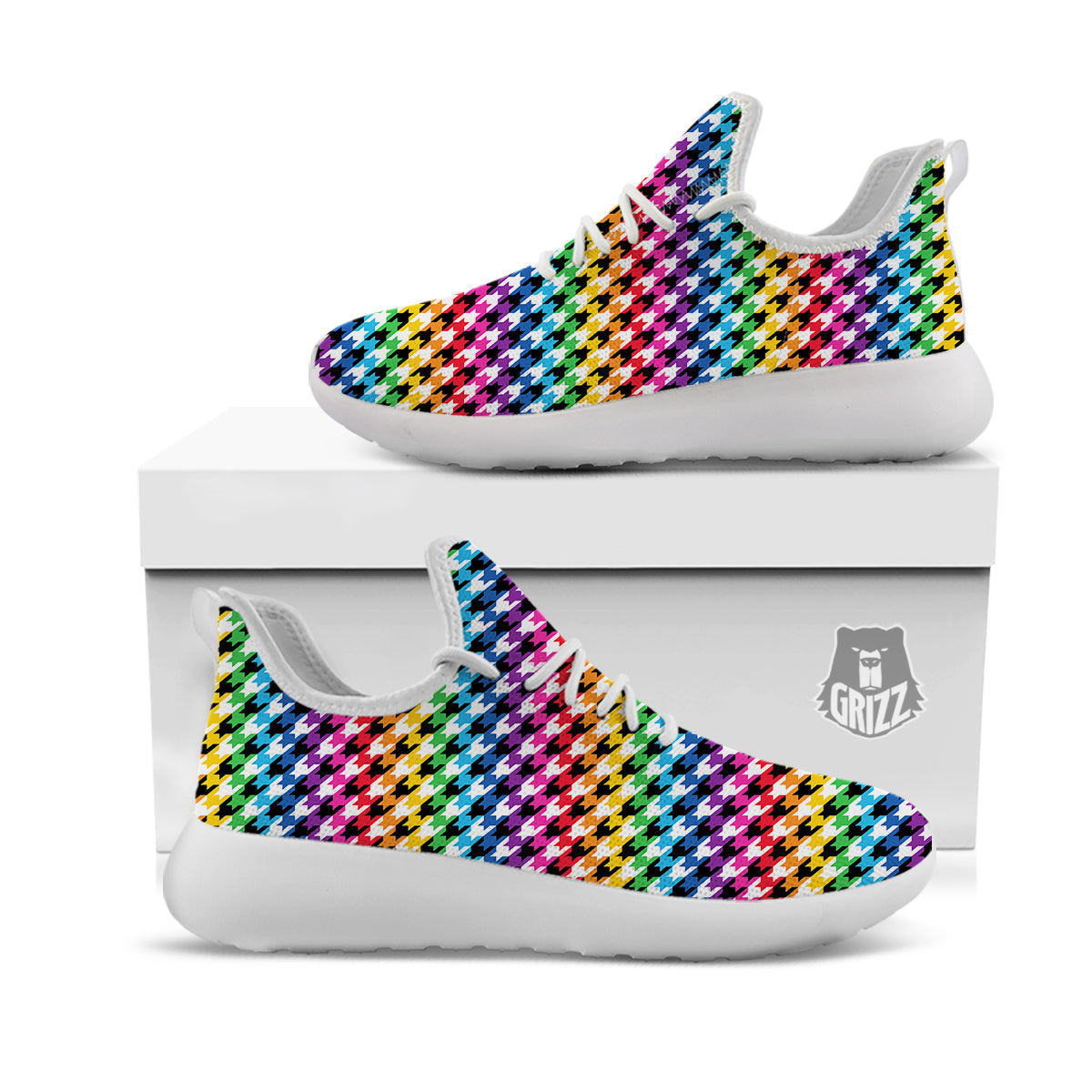 Houndstooth Rainbow Pride Print Pattern White Athletic Shoes-grizzshop