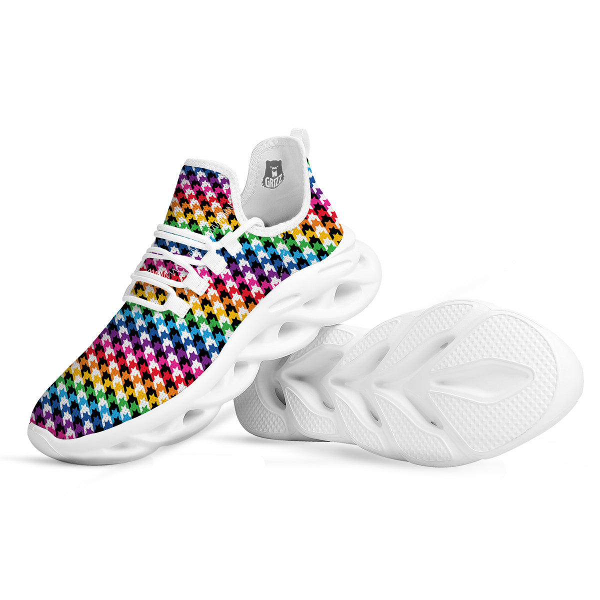 Houndstooth Rainbow Pride Print Pattern White Running Shoes-grizzshop