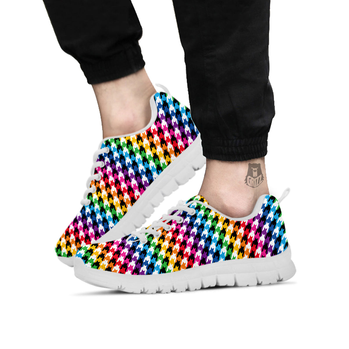 Houndstooth Rainbow Pride Print Pattern White Sneaker-grizzshop