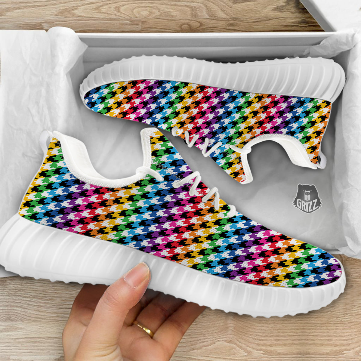Houndstooth Rainbow Pride Print Pattern White Walking Shoes-grizzshop
