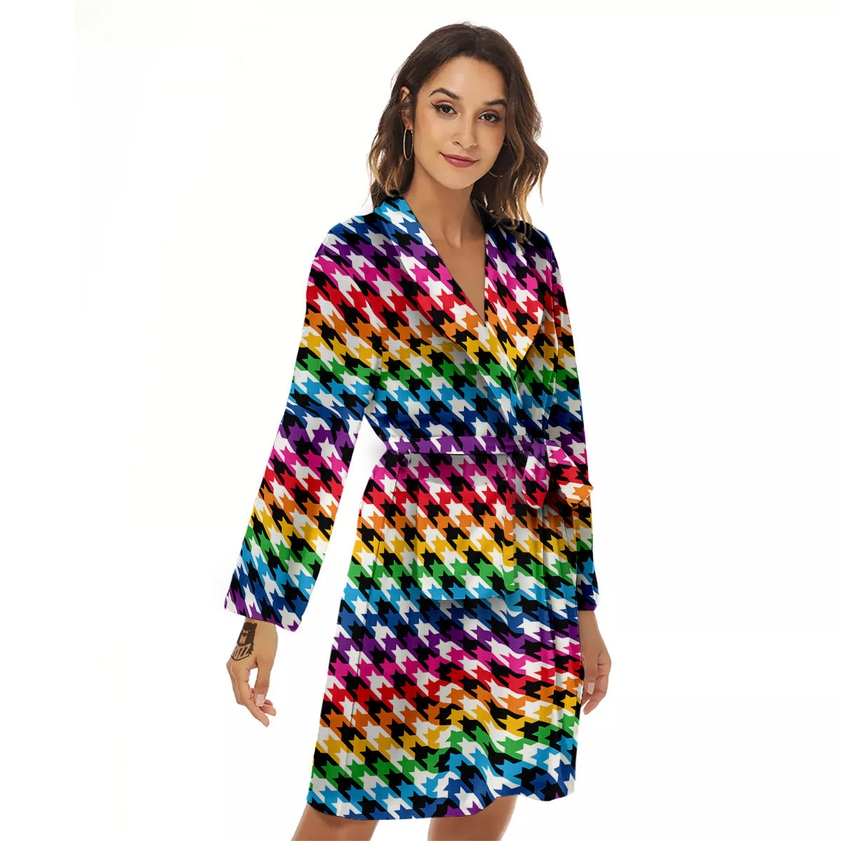 Houndstooth Rainbow Pride Print Pattern Women's Robe-grizzshop
