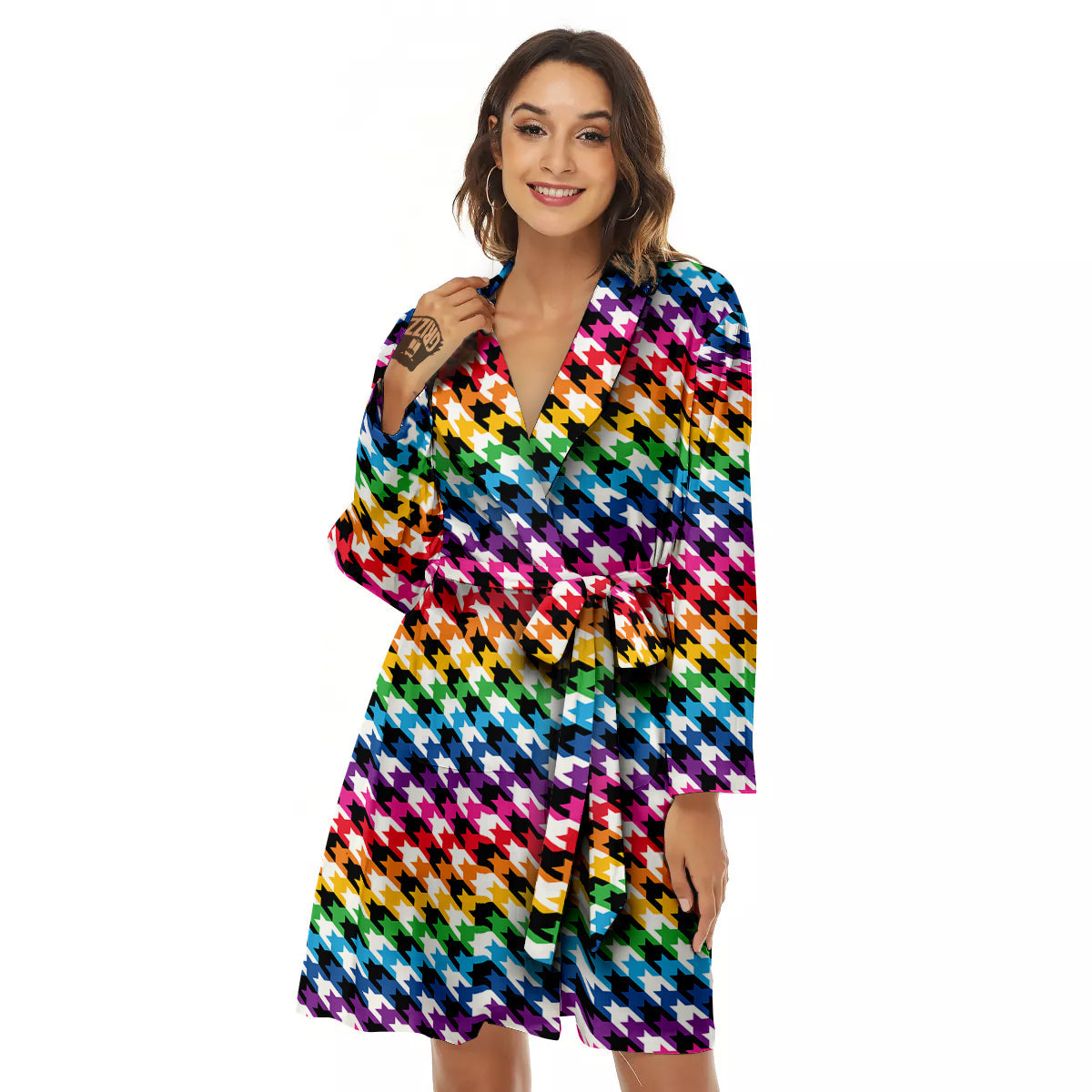 Houndstooth Rainbow Pride Print Pattern Women's Robe-grizzshop