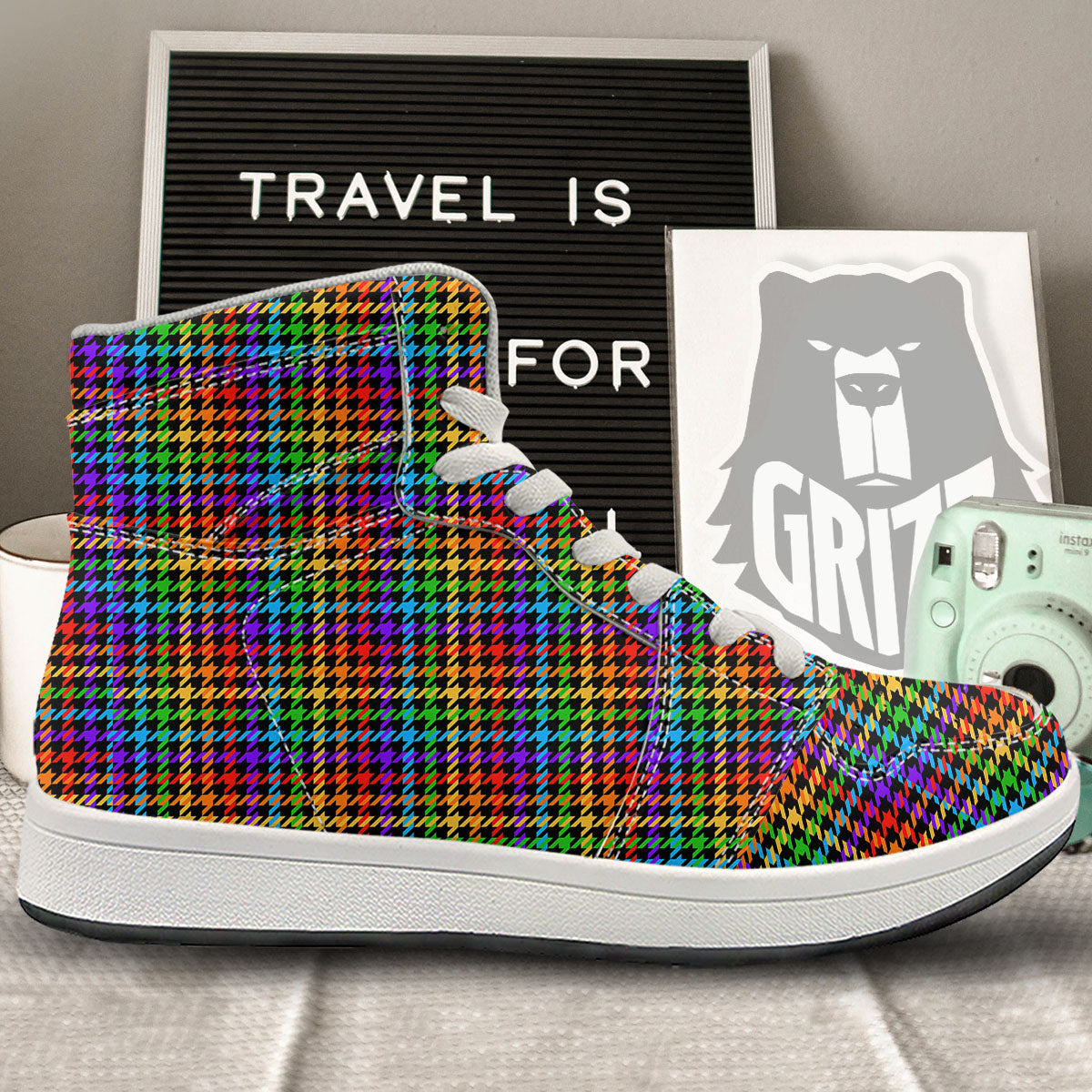 Houndstooth Rainbow Print Pattern High Top Sneakers-grizzshop