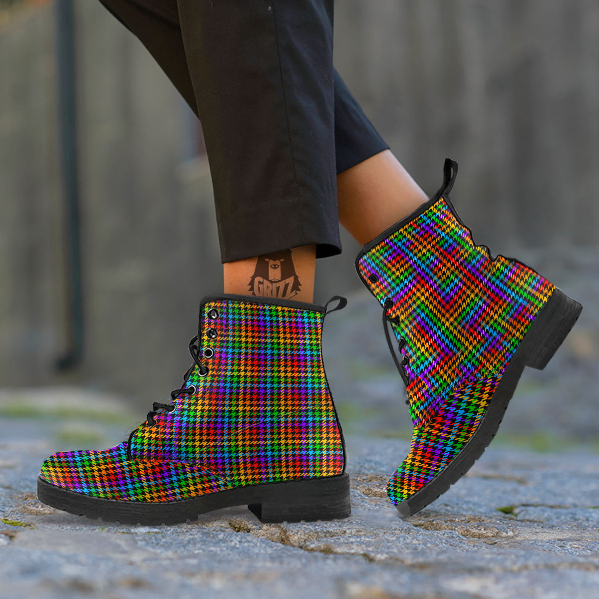 Houndstooth Rainbow Print Pattern Leather Boots-grizzshop