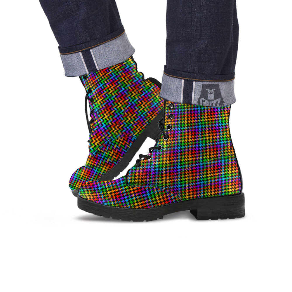 Houndstooth Rainbow Print Pattern Leather Boots-grizzshop