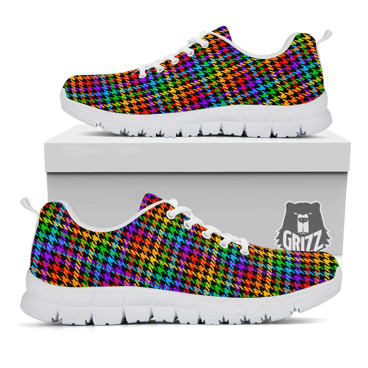 Houndstooth Rainbow Print Pattern White Sneaker-grizzshop