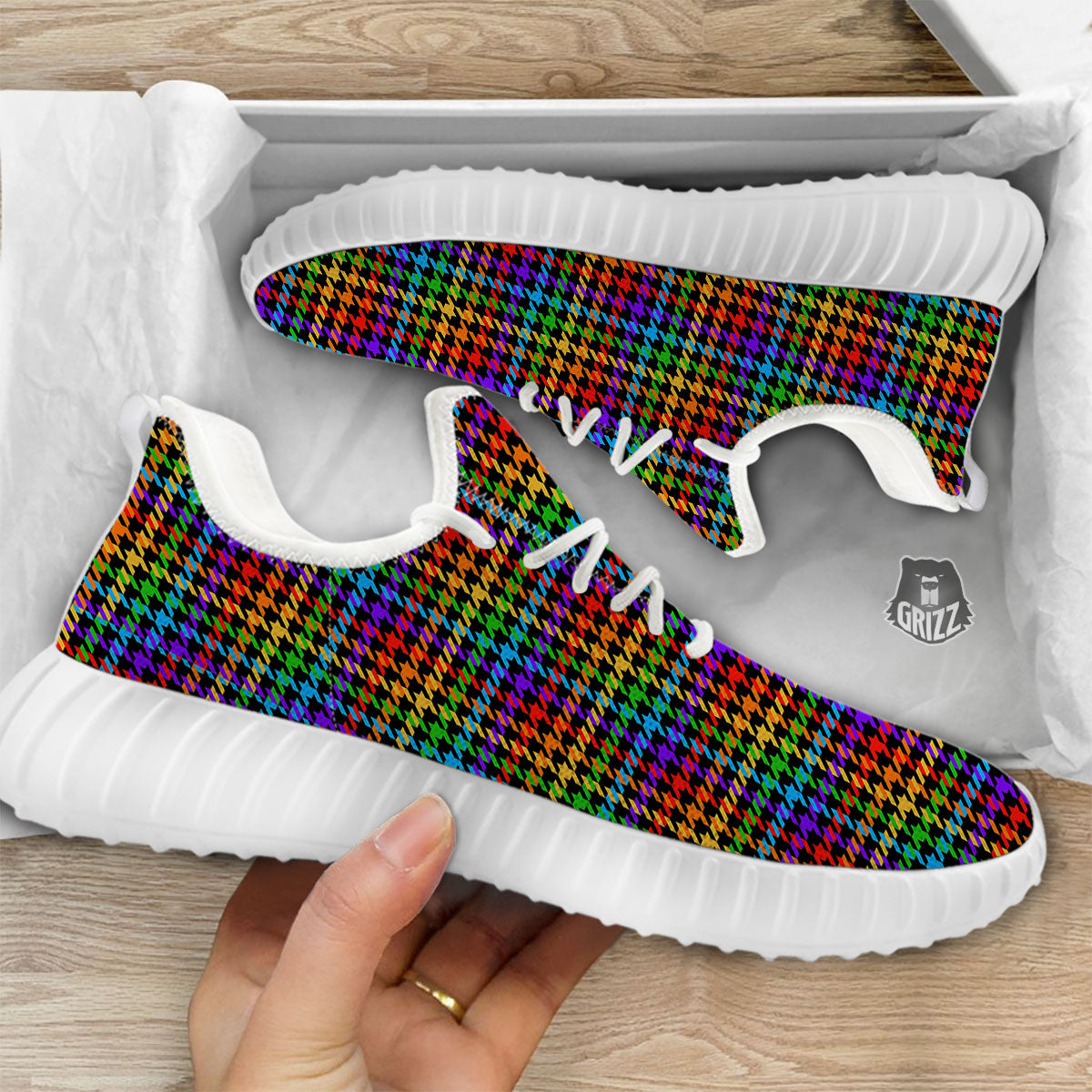 Houndstooth Rainbow Print Pattern White Walking Shoes-grizzshop