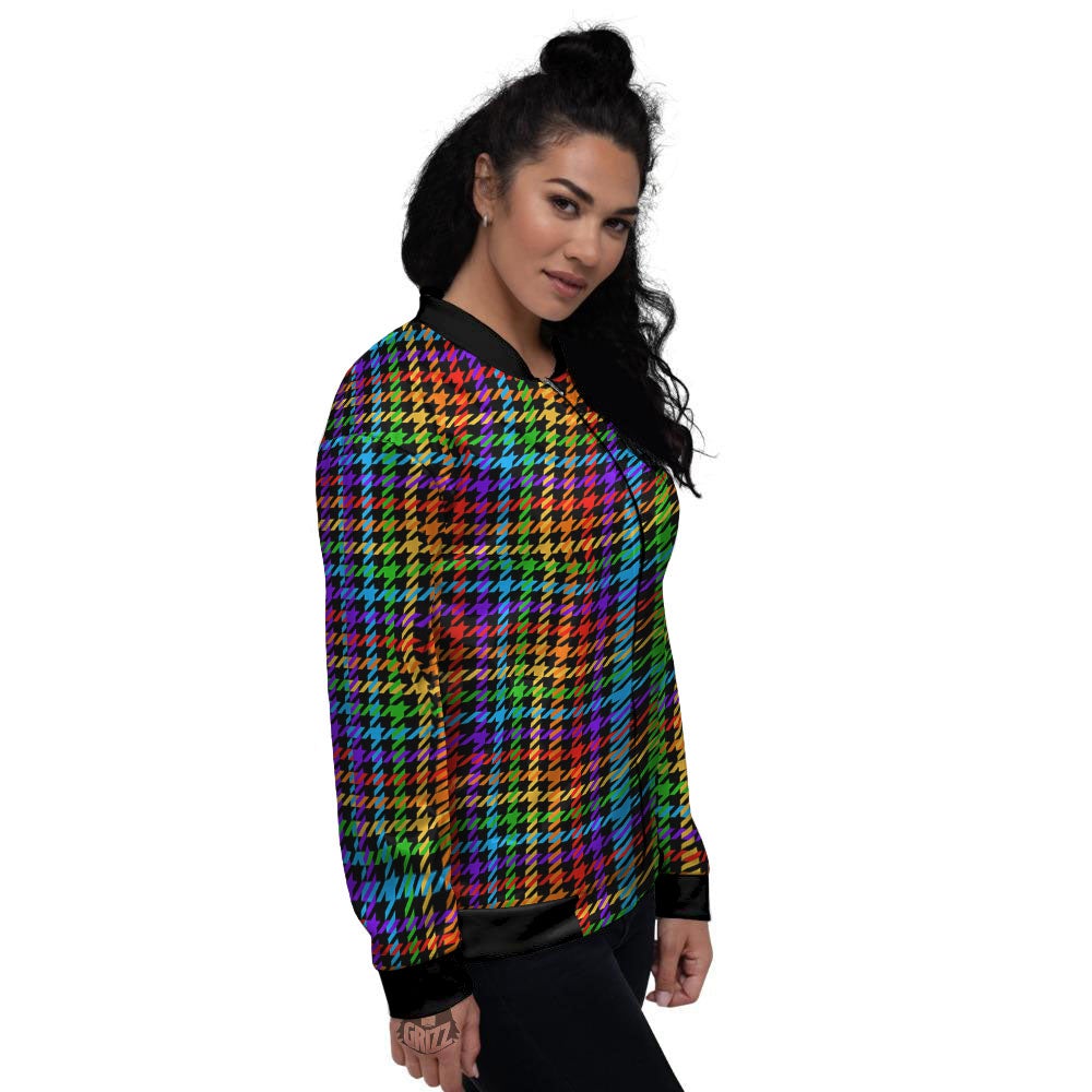 Houndstooth Rainbow Print Pattern Women's Bomber Jacket-grizzshop