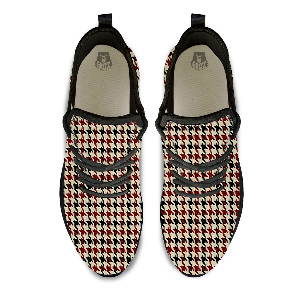 Houndstooth Red Brown Print Pattern Black Athletic Shoes-grizzshop
