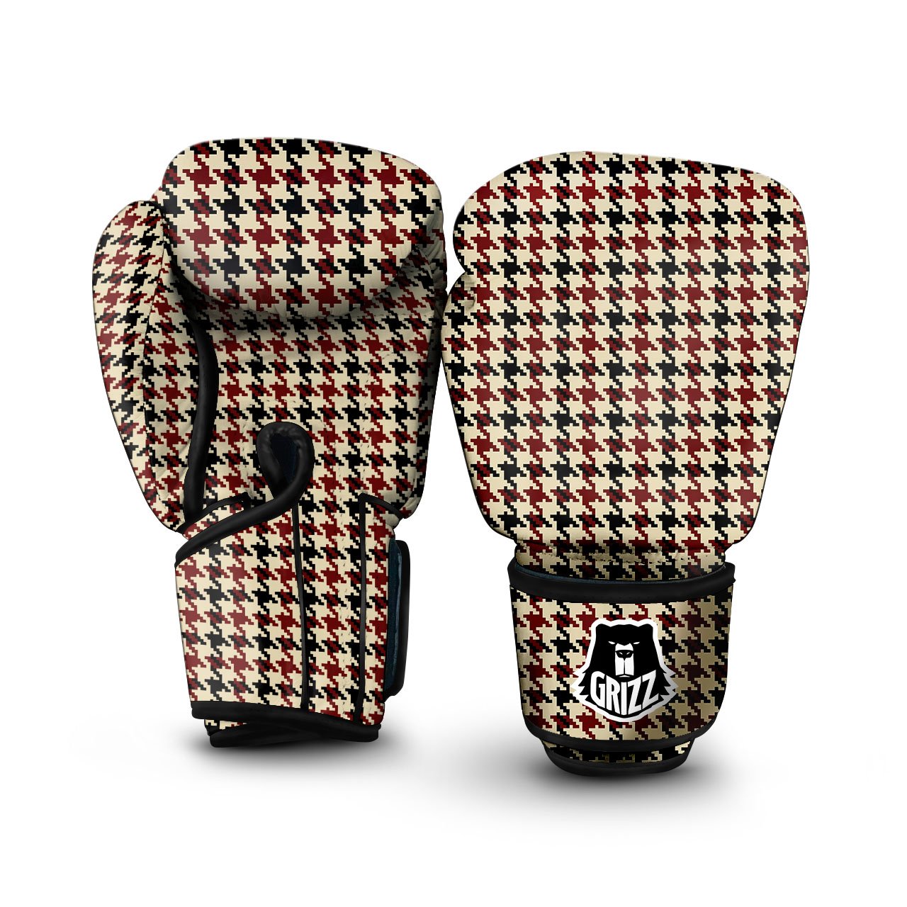 Houndstooth Red Brown Print Pattern Boxing Gloves-grizzshop