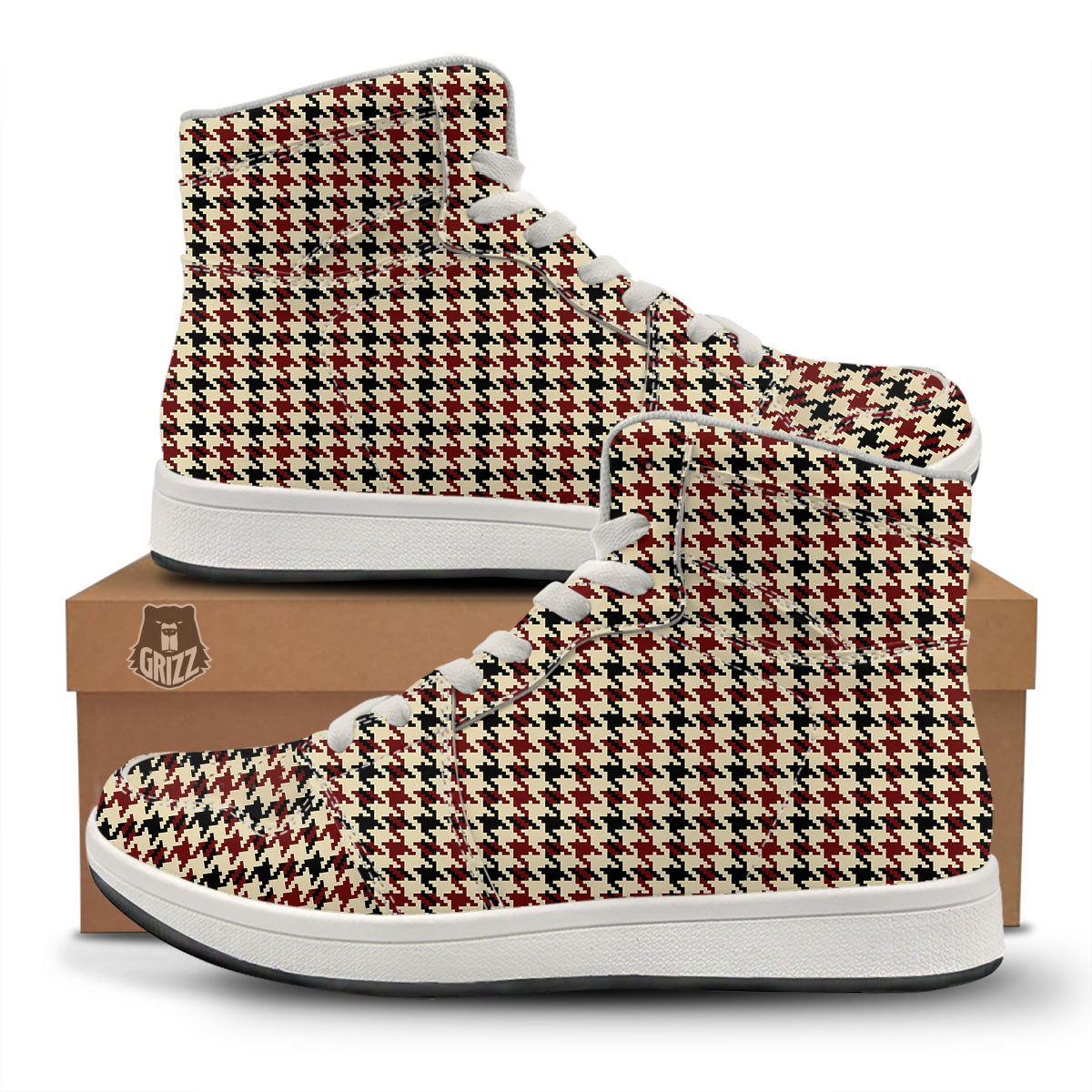 Houndstooth Red Brown Print Pattern High Top Sneakers-grizzshop