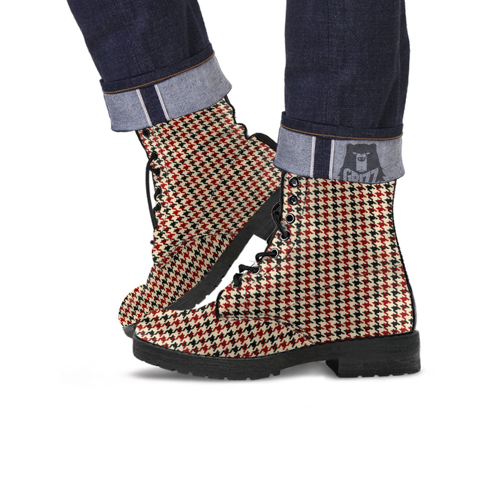 Houndstooth Red Brown Print Pattern Leather Boots-grizzshop