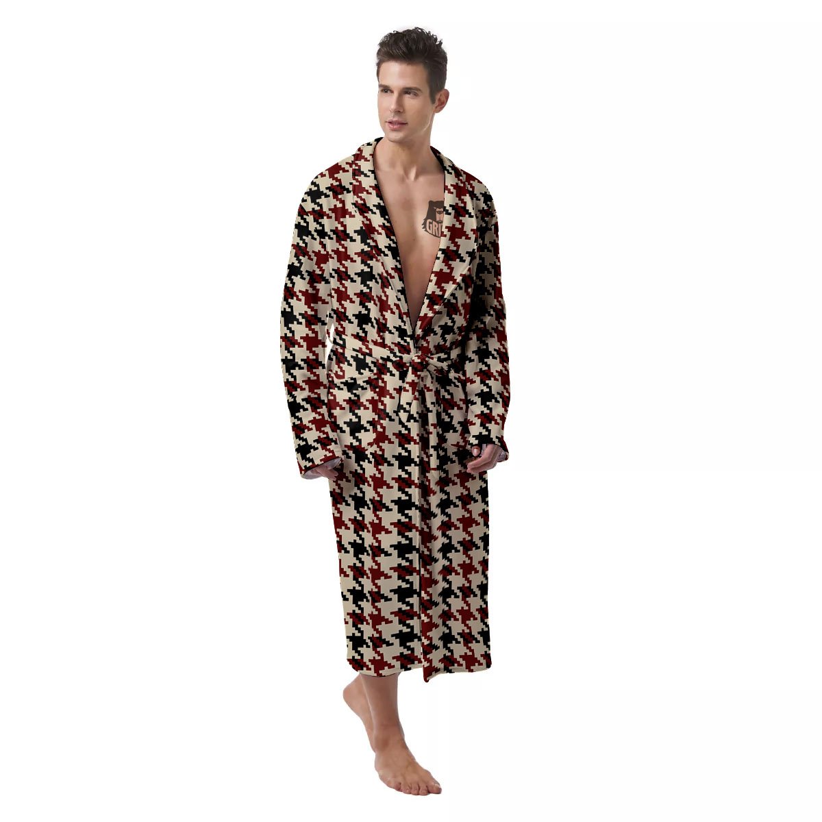 Houndstooth Red Brown Print Pattern Men's Robe-grizzshop
