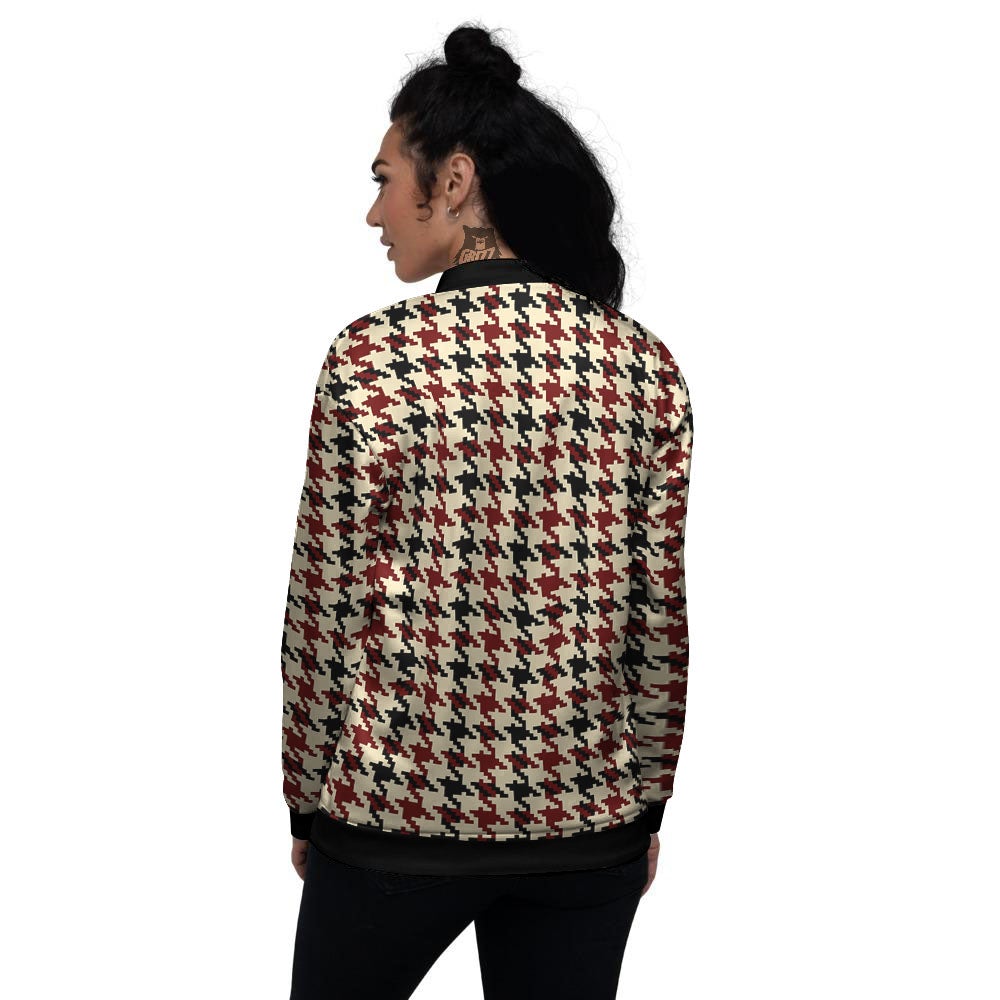 Houndstooth Red Brown Print Pattern Women's Bomber Jacket-grizzshop