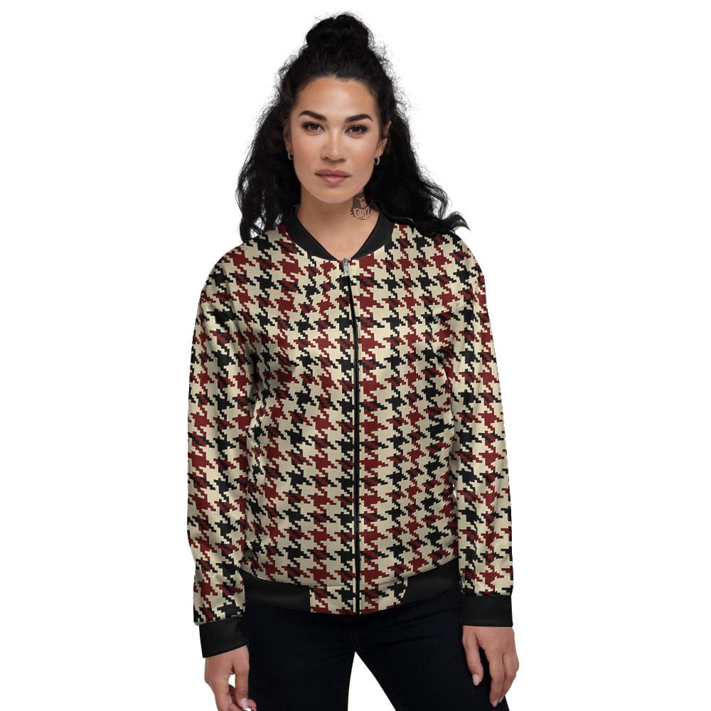 Houndstooth Red Brown Print Pattern Women's Bomber Jacket-grizzshop