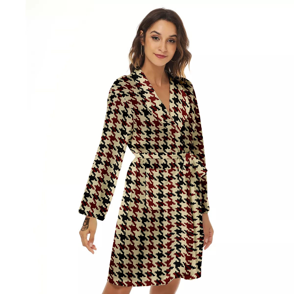 Houndstooth Red Brown Print Pattern Women's Robe-grizzshop