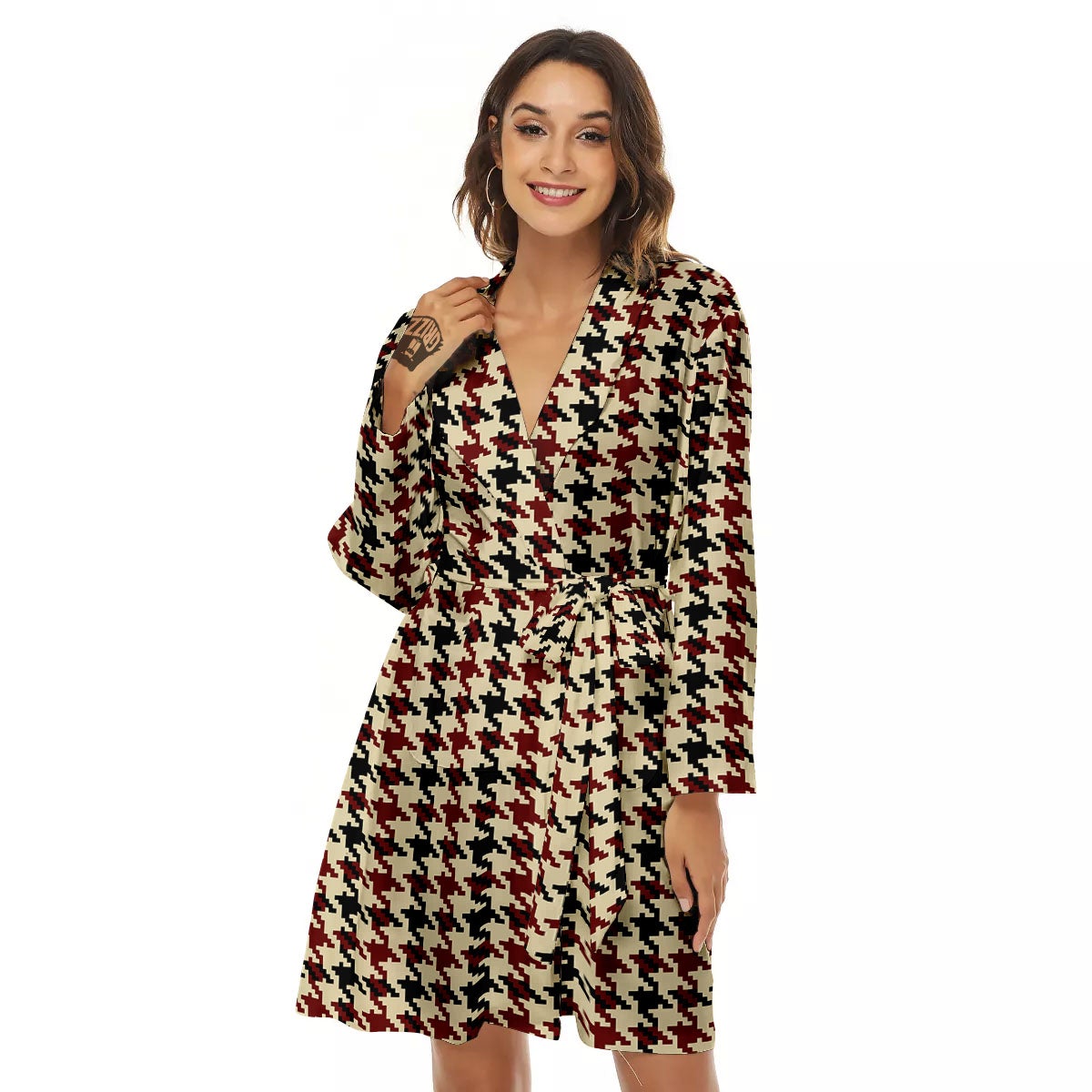 Houndstooth Red Brown Print Pattern Women's Robe-grizzshop