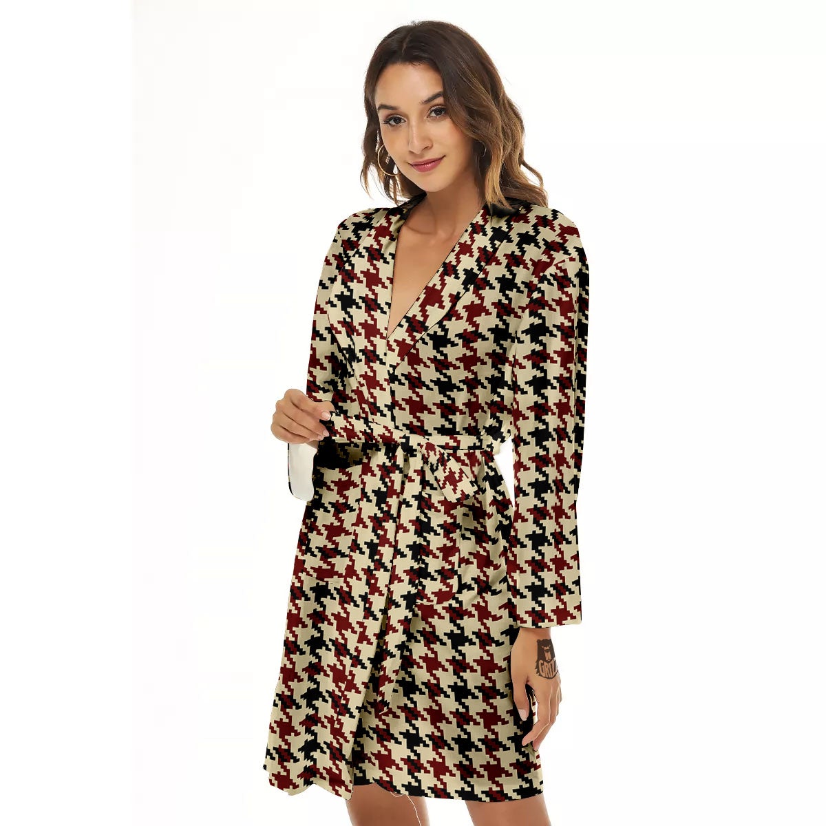 Houndstooth Red Brown Print Pattern Women's Robe-grizzshop
