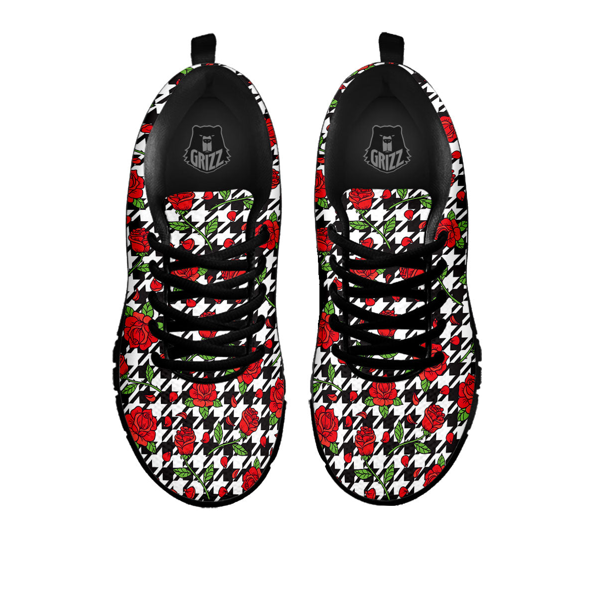 Houndstooth Red Roses Print Pattern Black Sneaker-grizzshop