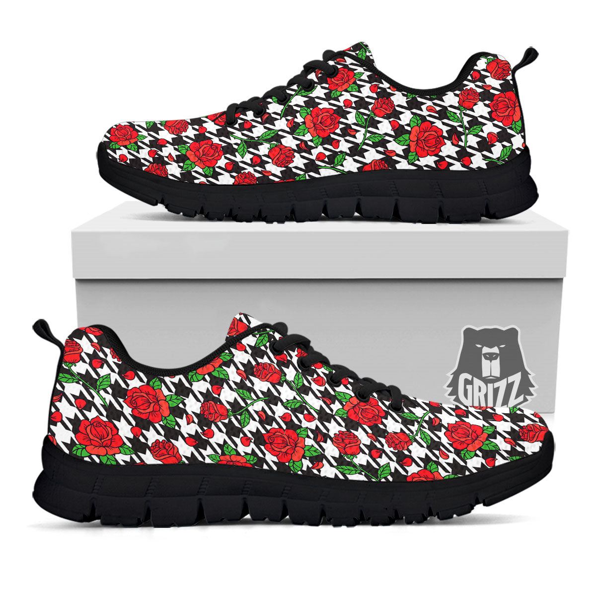 Houndstooth Red Roses Print Pattern Black Sneaker-grizzshop