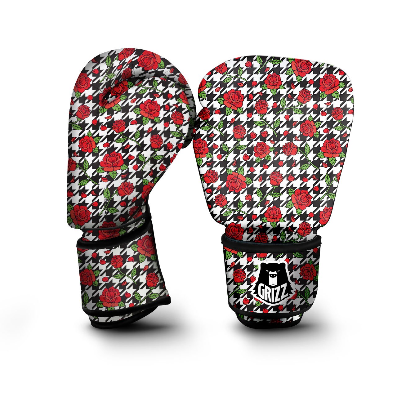 Houndstooth Red Roses Print Pattern Boxing Gloves-grizzshop
