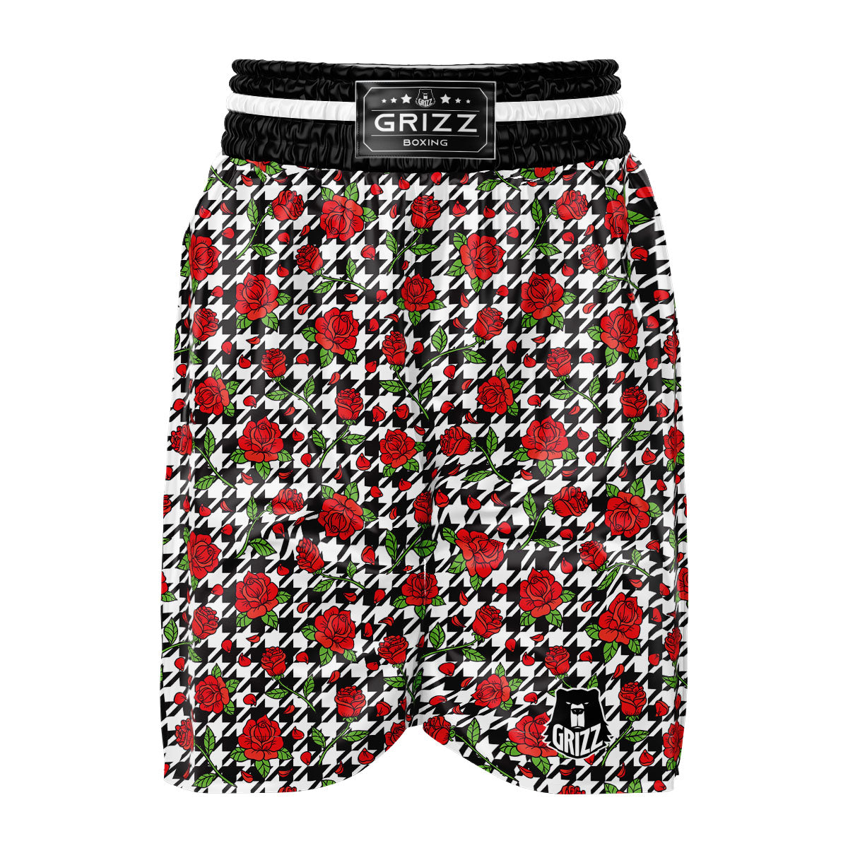 Houndstooth Red Roses Print Pattern Boxing Shorts-grizzshop