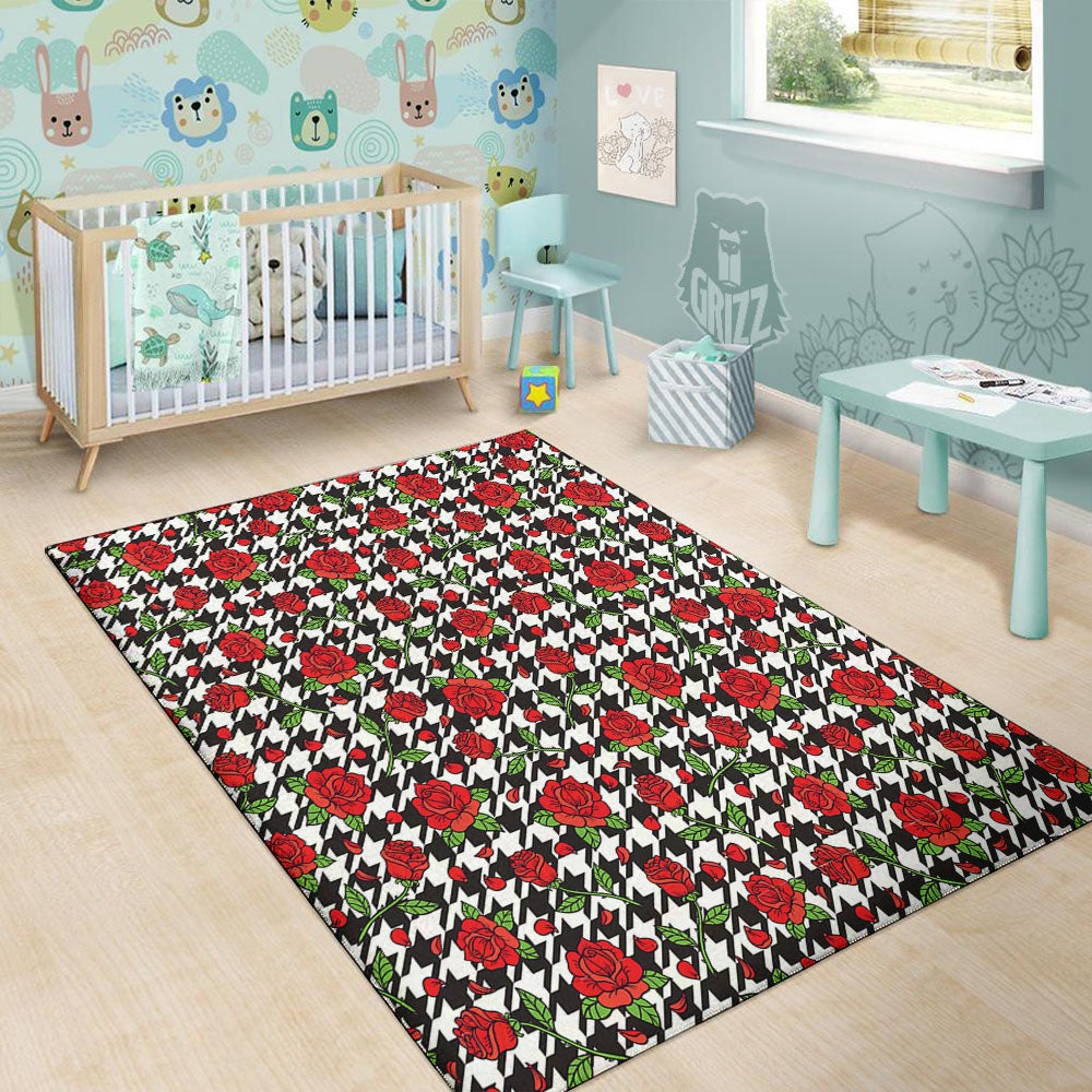 Houndstooth Red Roses Print Pattern Floor Mat-grizzshop