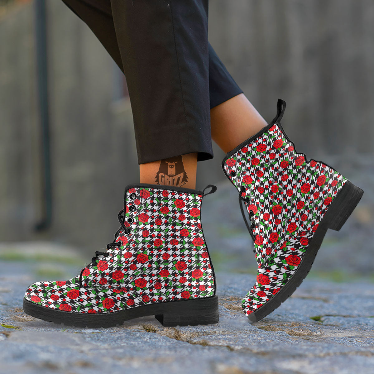Houndstooth Red Roses Print Pattern Leather Boots-grizzshop