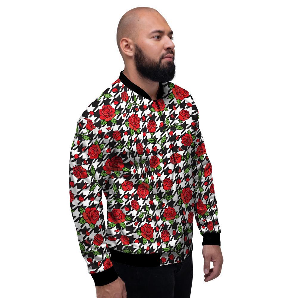 Houndstooth Red Roses Print Pattern Men's Bomber Jacket-grizzshop