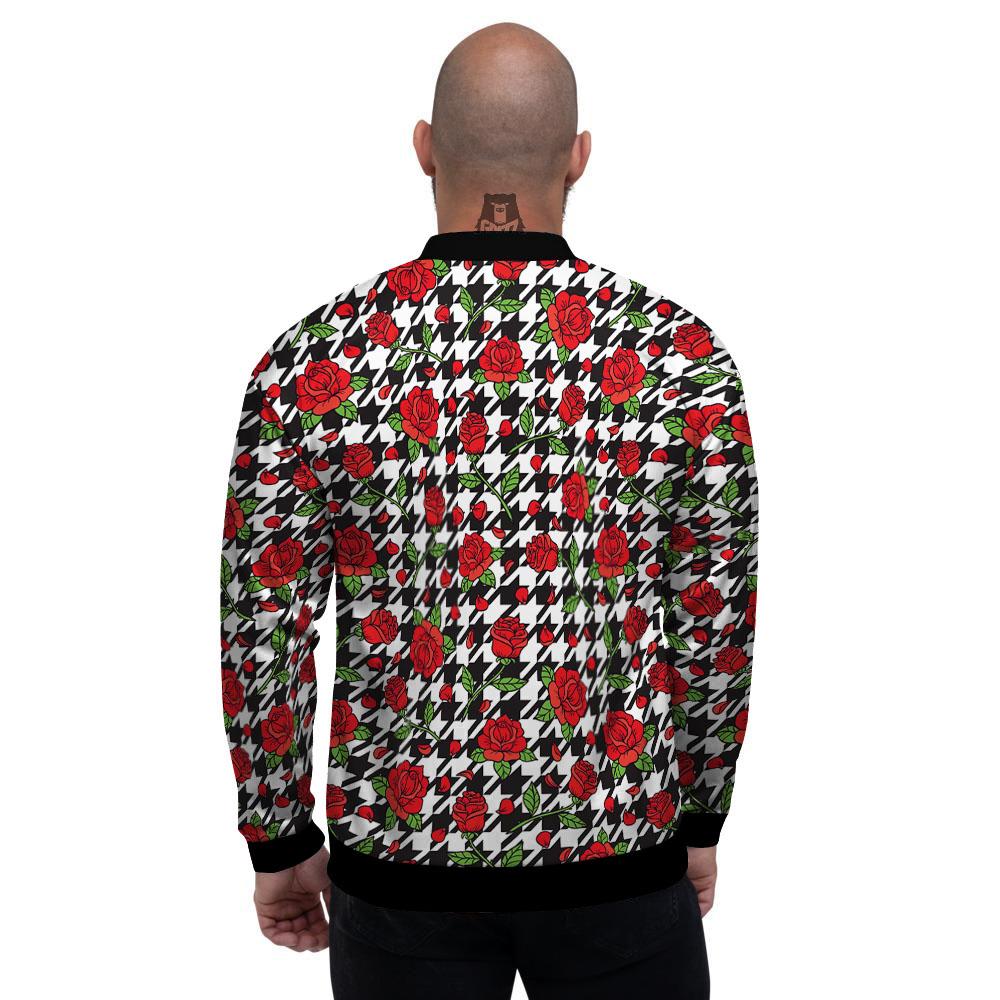 Houndstooth Red Roses Print Pattern Men's Bomber Jacket-grizzshop
