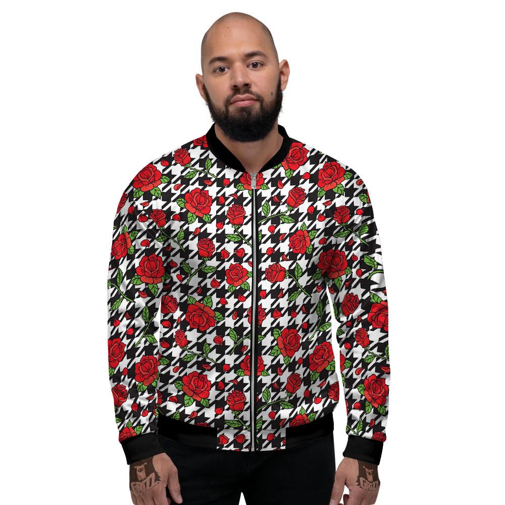 Houndstooth Red Roses Print Pattern Men's Bomber Jacket-grizzshop