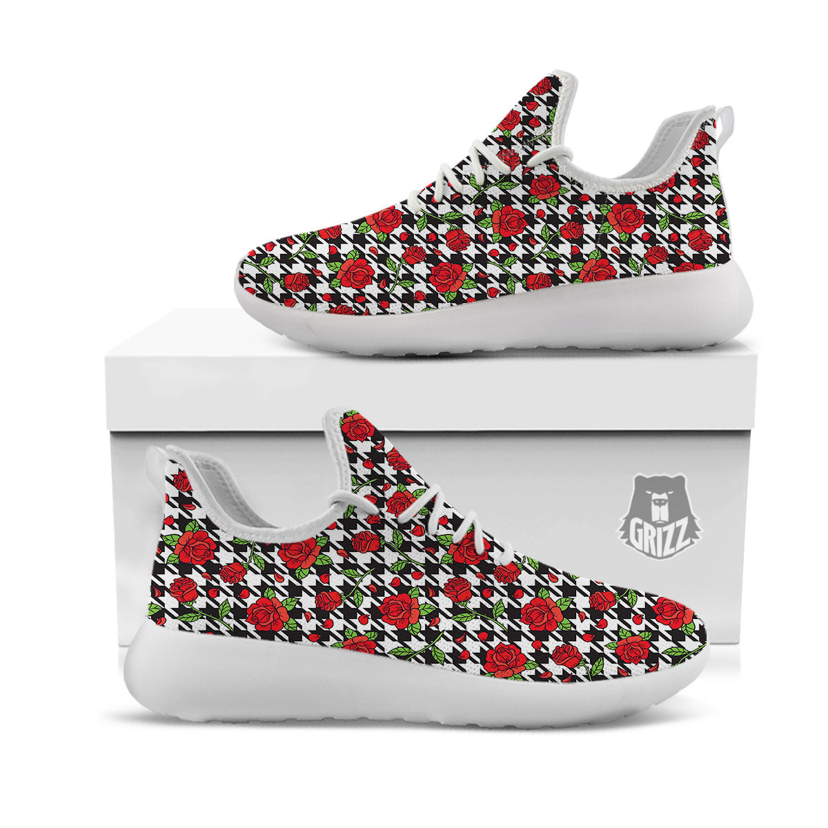 Houndstooth Red Roses Print Pattern White Athletic Shoes-grizzshop