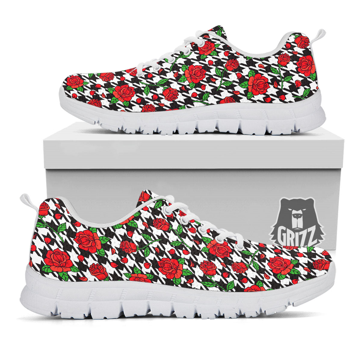 Houndstooth Red Roses Print Pattern White Sneaker-grizzshop