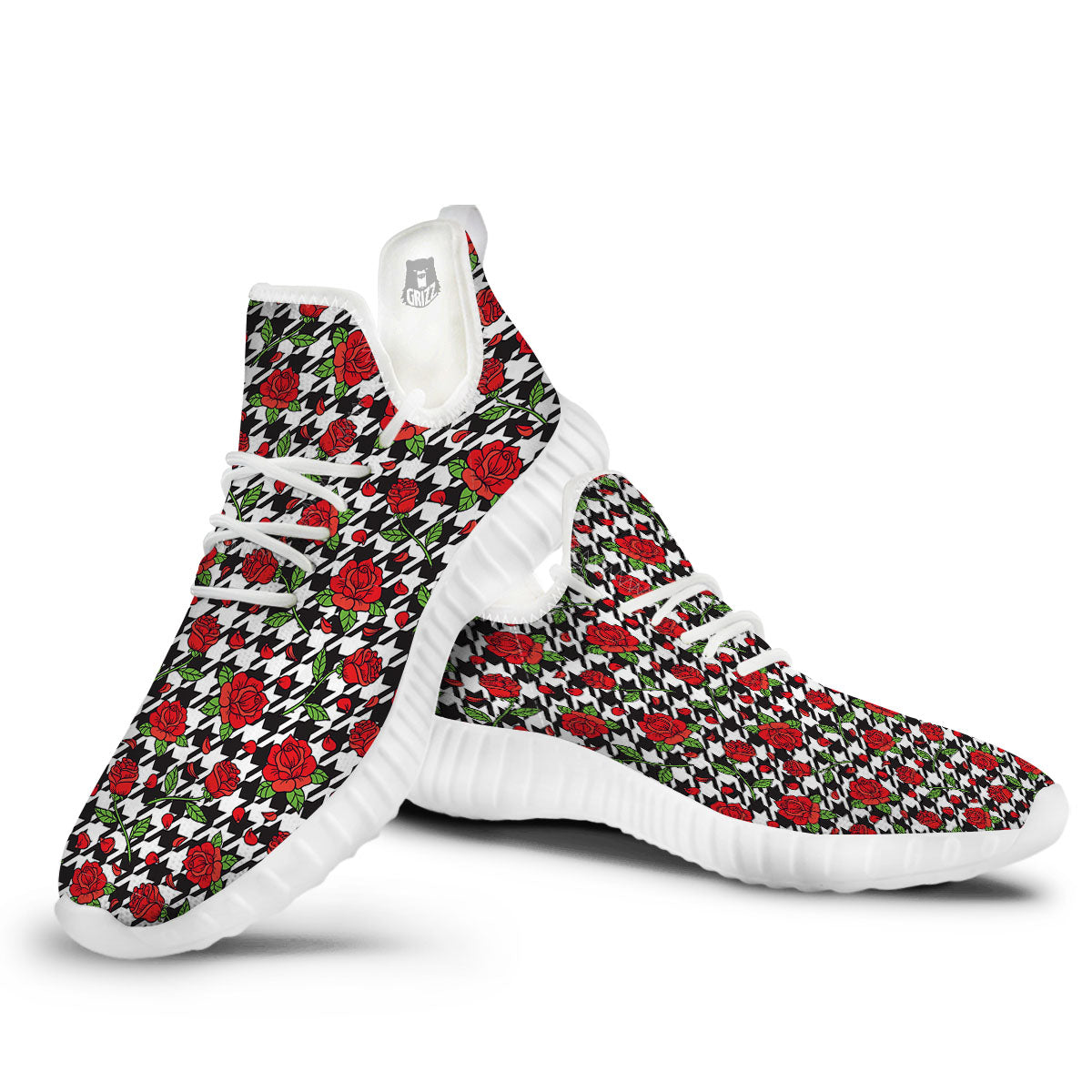 Houndstooth Red Roses Print Pattern White Walking Shoes-grizzshop