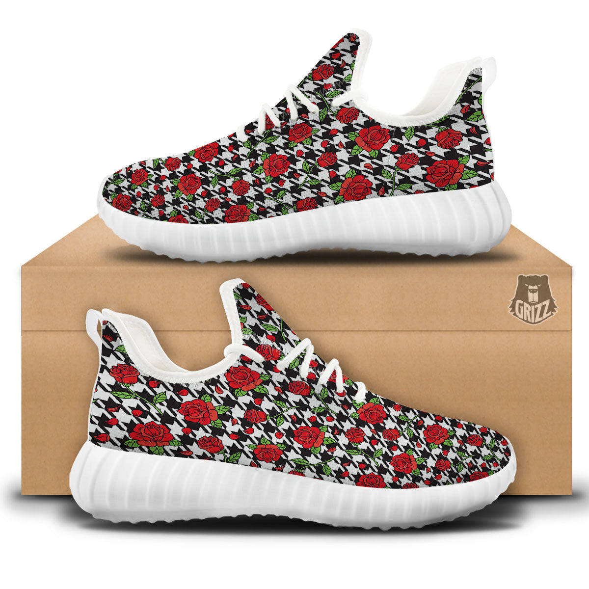 Houndstooth Red Roses Print Pattern White Walking Shoes-grizzshop