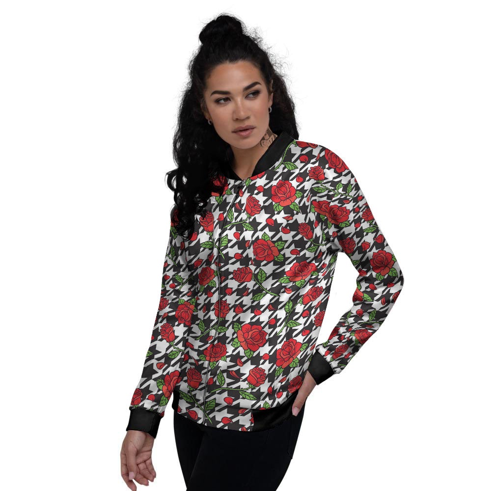 Houndstooth Red Roses Print Pattern Women's Bomber Jacket-grizzshop