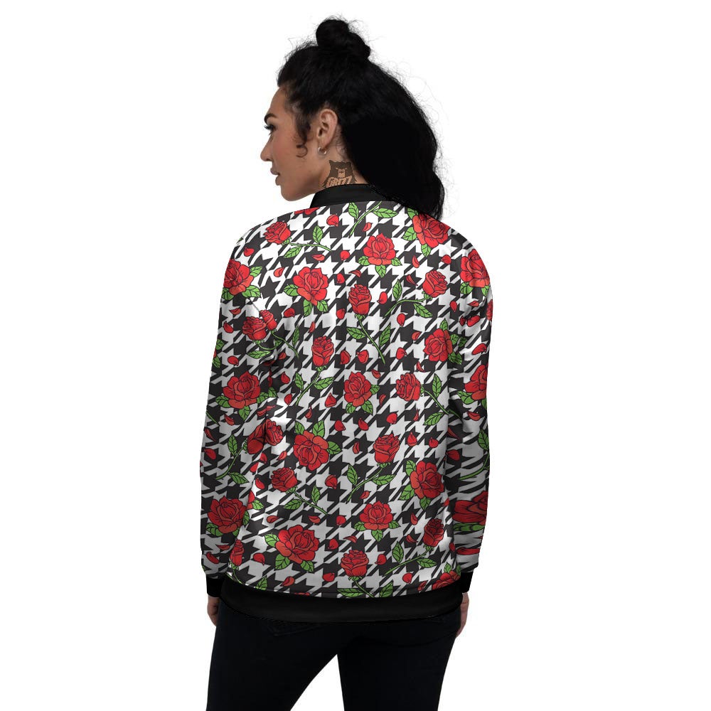 Houndstooth Red Roses Print Pattern Women's Bomber Jacket-grizzshop