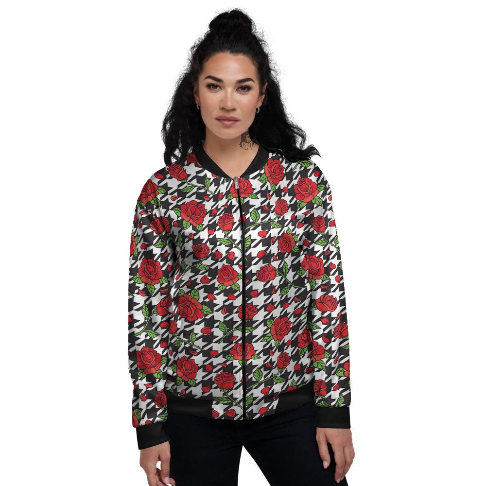 Houndstooth Red Roses Print Pattern Women's Bomber Jacket-grizzshop