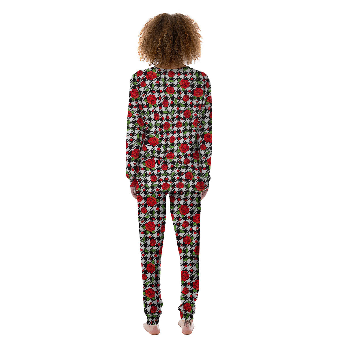 Houndstooth Red Roses Print Pattern Women's Pajamas-grizzshop