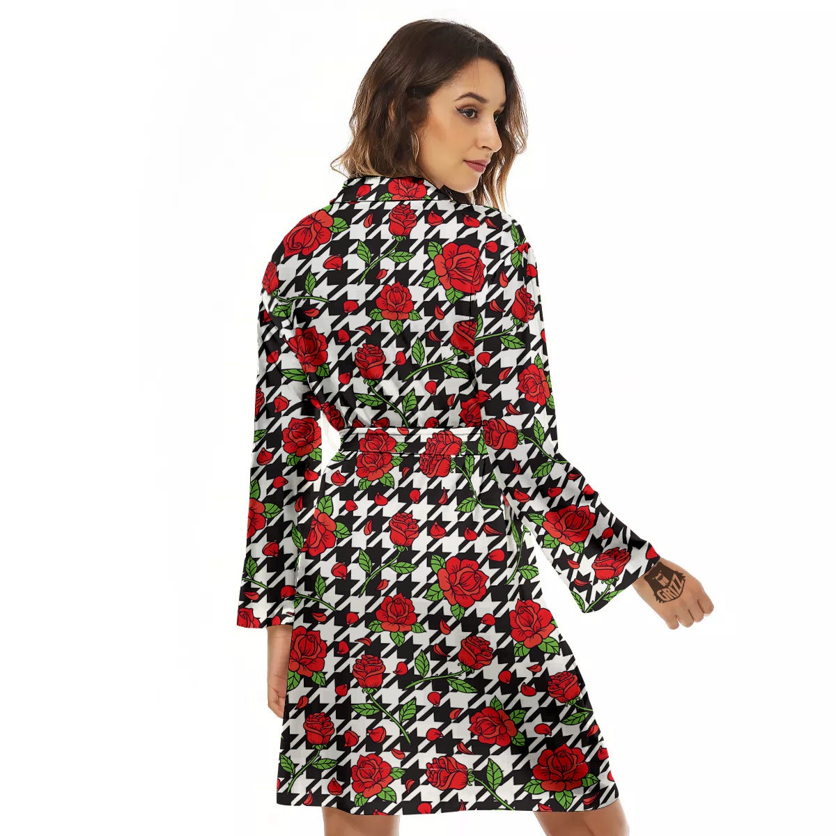 Houndstooth Red Roses Print Pattern Women's Robe-grizzshop