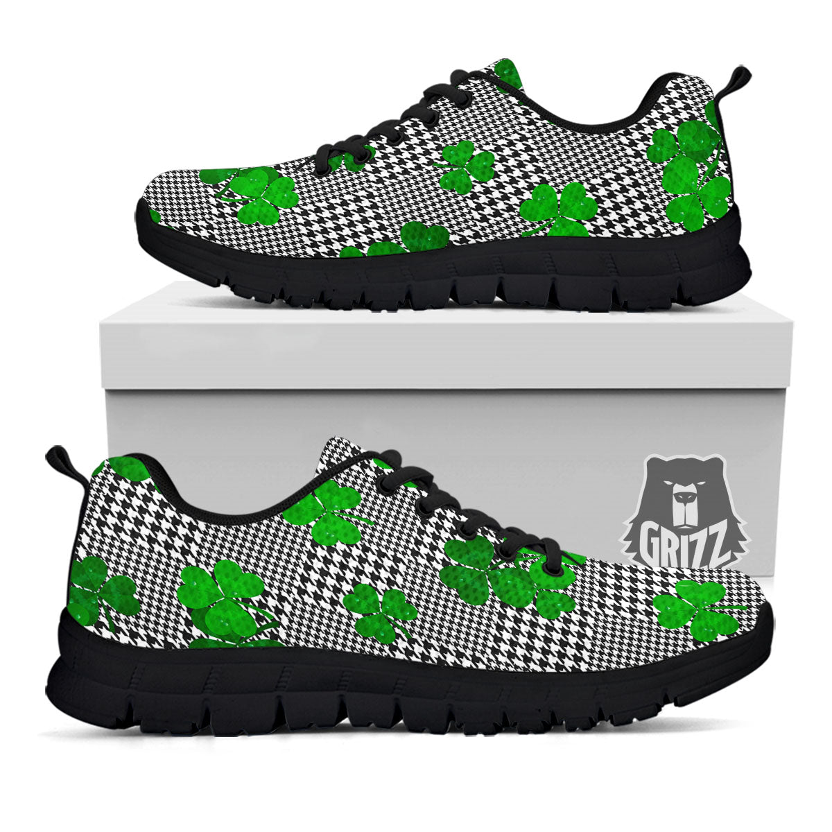 Houndstooth Shamrocks Print Pattern Black Sneaker-grizzshop