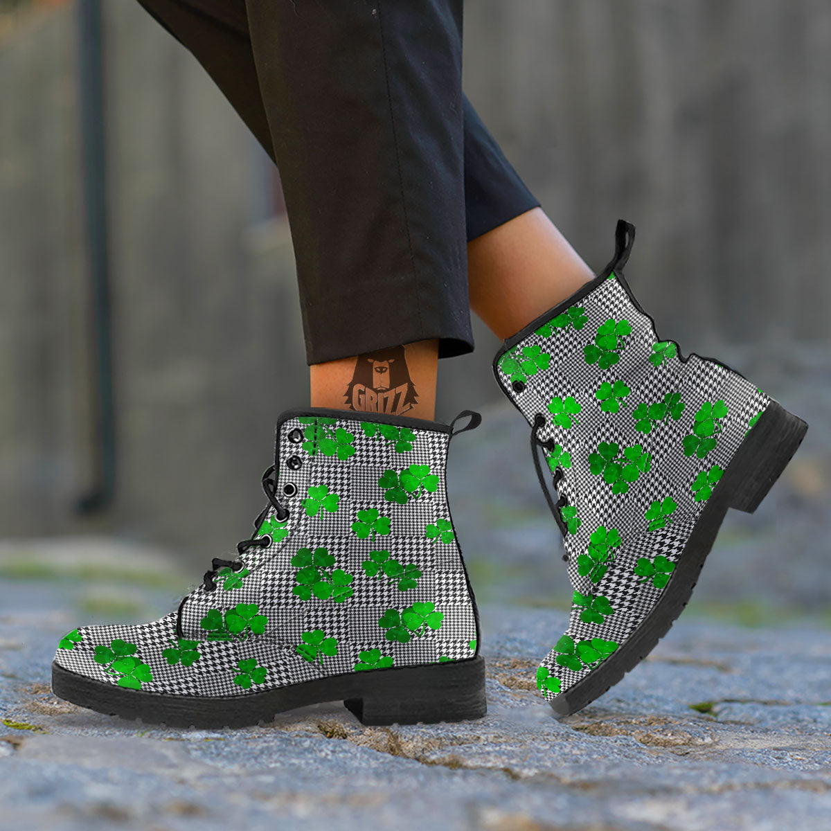 Houndstooth Shamrocks Print Pattern Leather Boots-grizzshop