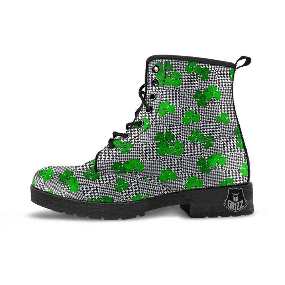 Houndstooth Shamrocks Print Pattern Leather Boots-grizzshop
