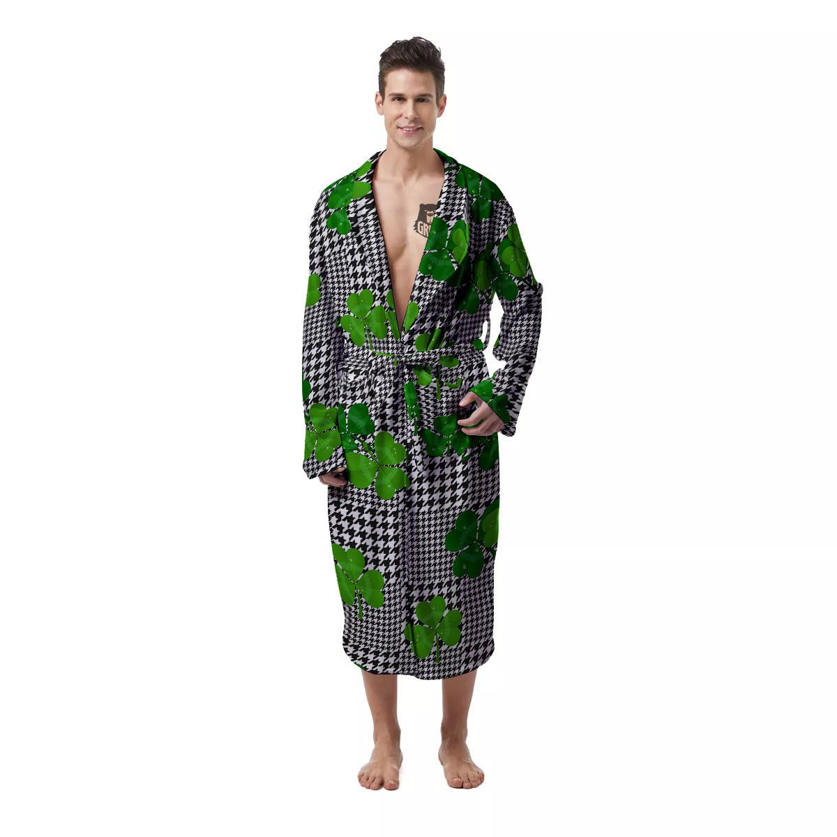 Houndstooth Shamrocks Print Pattern Men's Robe-grizzshop