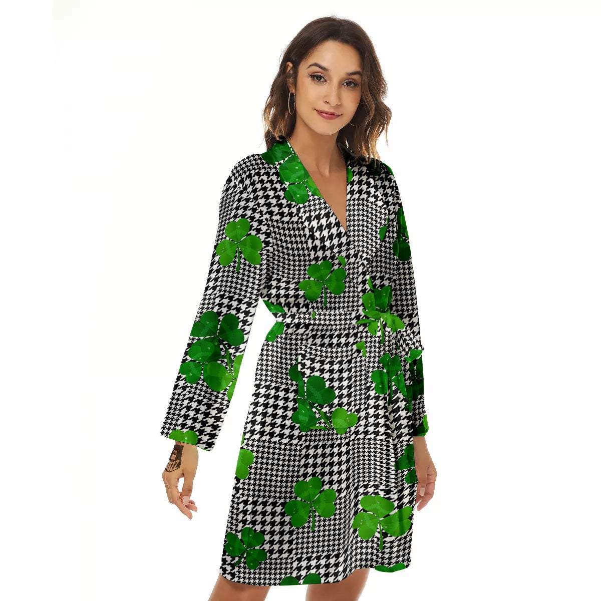Houndstooth Shamrocks Print Pattern Women's Robe-grizzshop