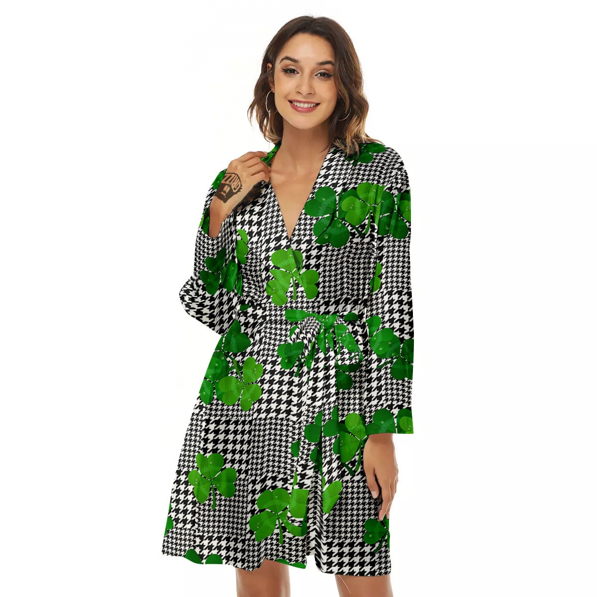 Houndstooth Shamrocks Print Pattern Women's Robe-grizzshop